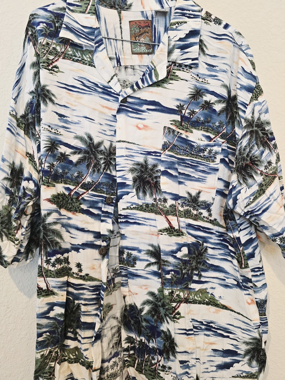 Pineapple Connection Tropical Button-Up Shirt in Blue, Cream & Orange Accent